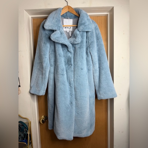 NVLT Women’s Baby Blue Mob Wife Faux-Fur Trench Coat - size S - Picture 1 of 4